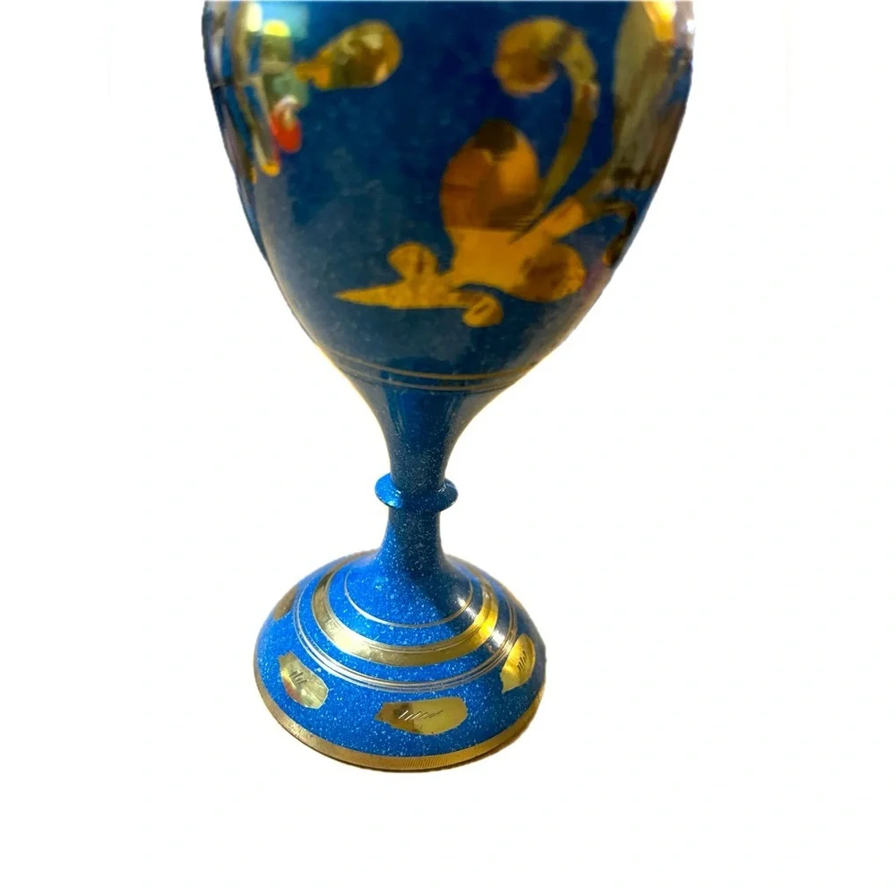 Vintage Blue Enameled Brass Bud Vase w/ etched florals and ruffled opening